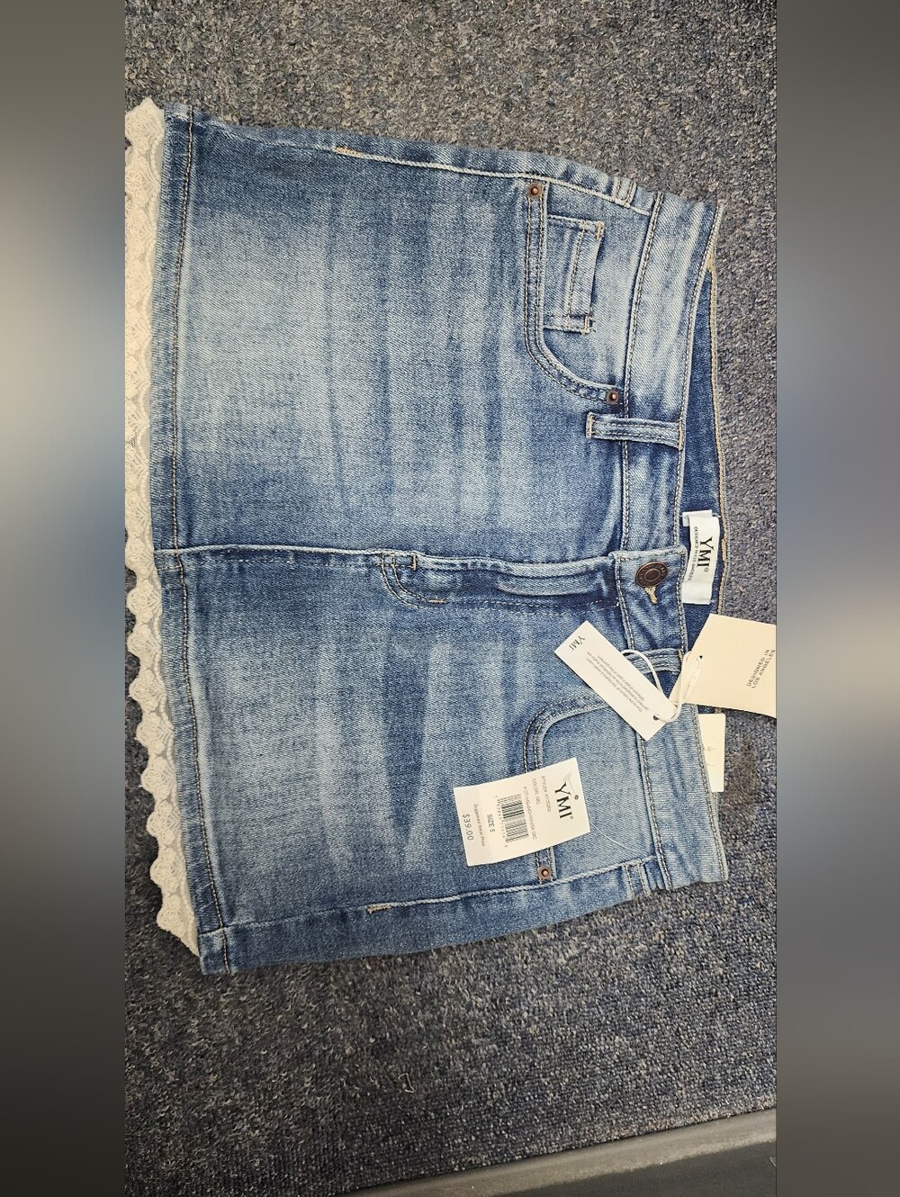 YMI Light Blue Denim Midi Skirt with Lace Trim